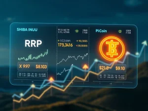 XRP News: Claude AI's crypto price predictions for XRP, Shiba Inu, and Pi Coin, displayed on a futuristic interface.