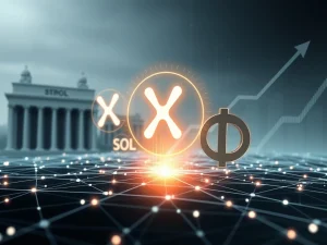 Visualizing the impact of XRP news on institutional crypto adoption, alongside Solana's tech growth and Litecoin's market potential.