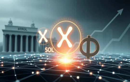Visualizing the impact of XRP news on institutional crypto adoption, alongside Solana's tech growth and Litecoin's market potential.