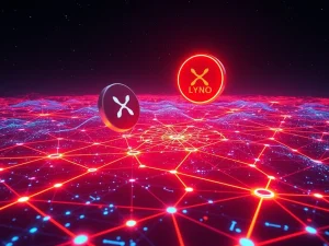XRP and $LYNO tokens in a dynamic blockchain network with AI arbitrage pathways
