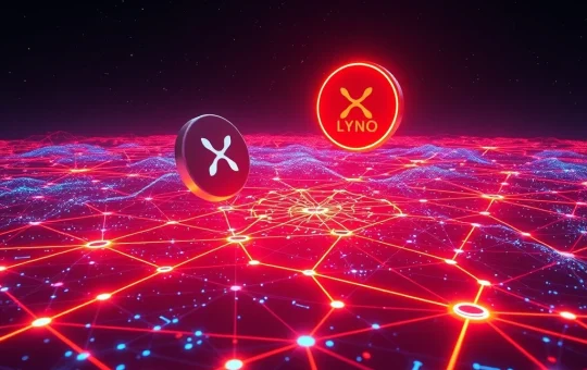 XRP and $LYNO tokens in a dynamic blockchain network with AI arbitrage pathways