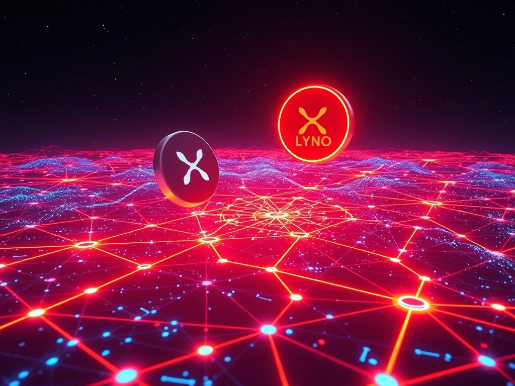 XRP and $LYNO tokens in a dynamic blockchain network with AI arbitrage pathways