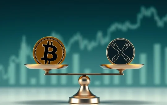 A balanced scale symbolizing the neutral crypto market, with XRP and Bitcoin icons, reflecting stable funding rates.