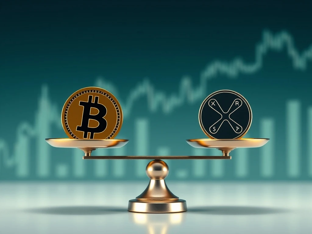 A balanced scale symbolizing the neutral crypto market, with XRP and Bitcoin icons, reflecting stable funding rates.