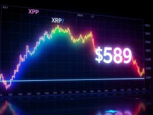 XRP price chart with rainbow trend line reaching $589, highlighting market volatility.