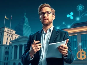 Ripple CEO Brad Garlinghouse unveiling a strategy for XRP institutional adoption, symbolizing the bridge between traditional finance and crypto.