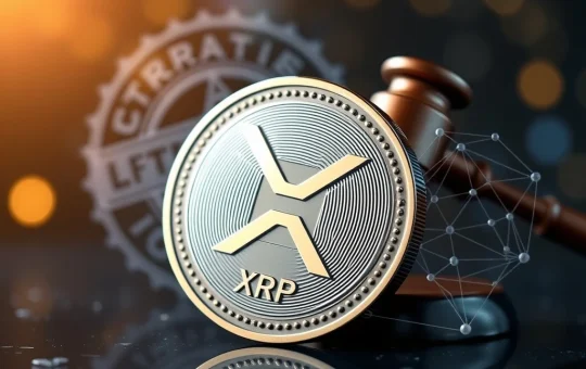 XRP coin with legal gavel and ETF stamp representing regulatory clarity and market potential.