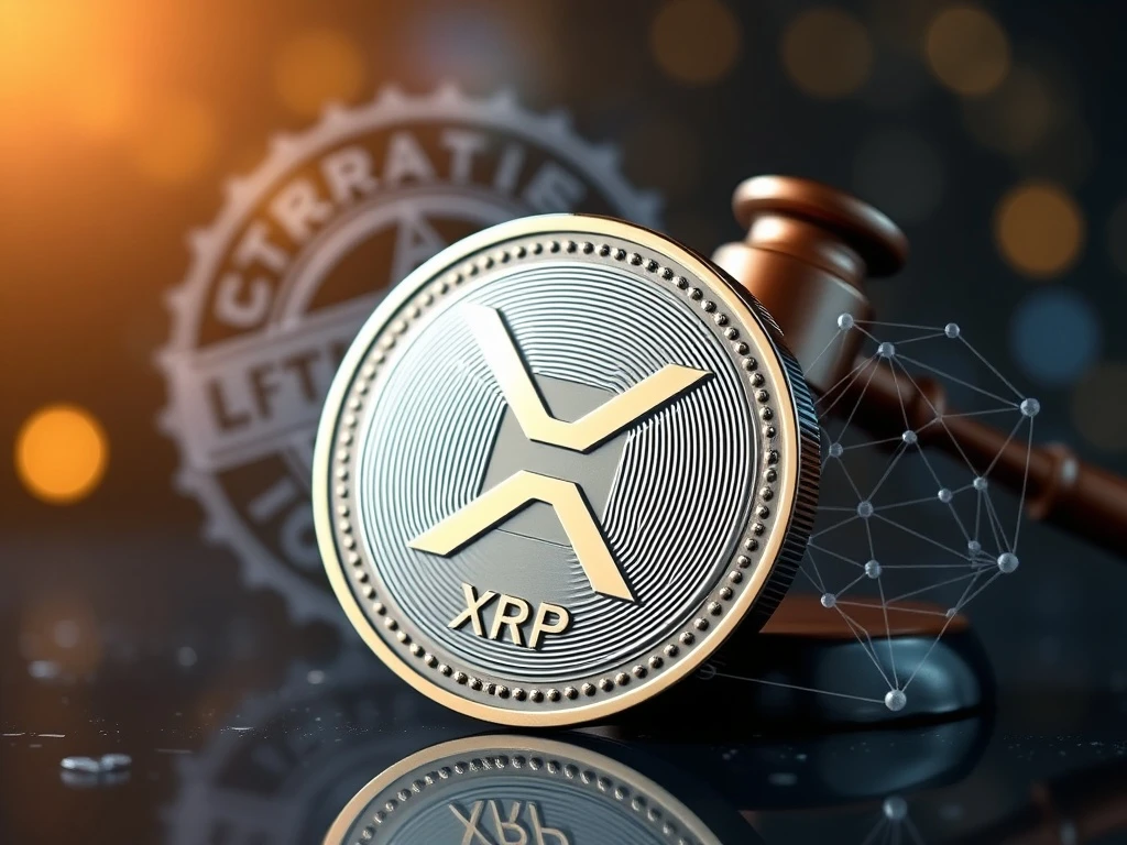 XRP coin with legal gavel and ETF stamp representing regulatory clarity and market potential.