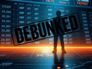 A red 'Debunked' stamp over a blurred image of a celebrity and XRP symbols, emphasizing the false Sydney Sweeney XRP News Today rumor.