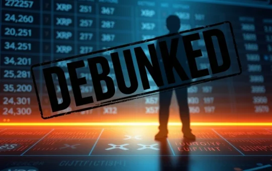 A red 'Debunked' stamp over a blurred image of a celebrity and XRP symbols, emphasizing the false Sydney Sweeney XRP News Today rumor.