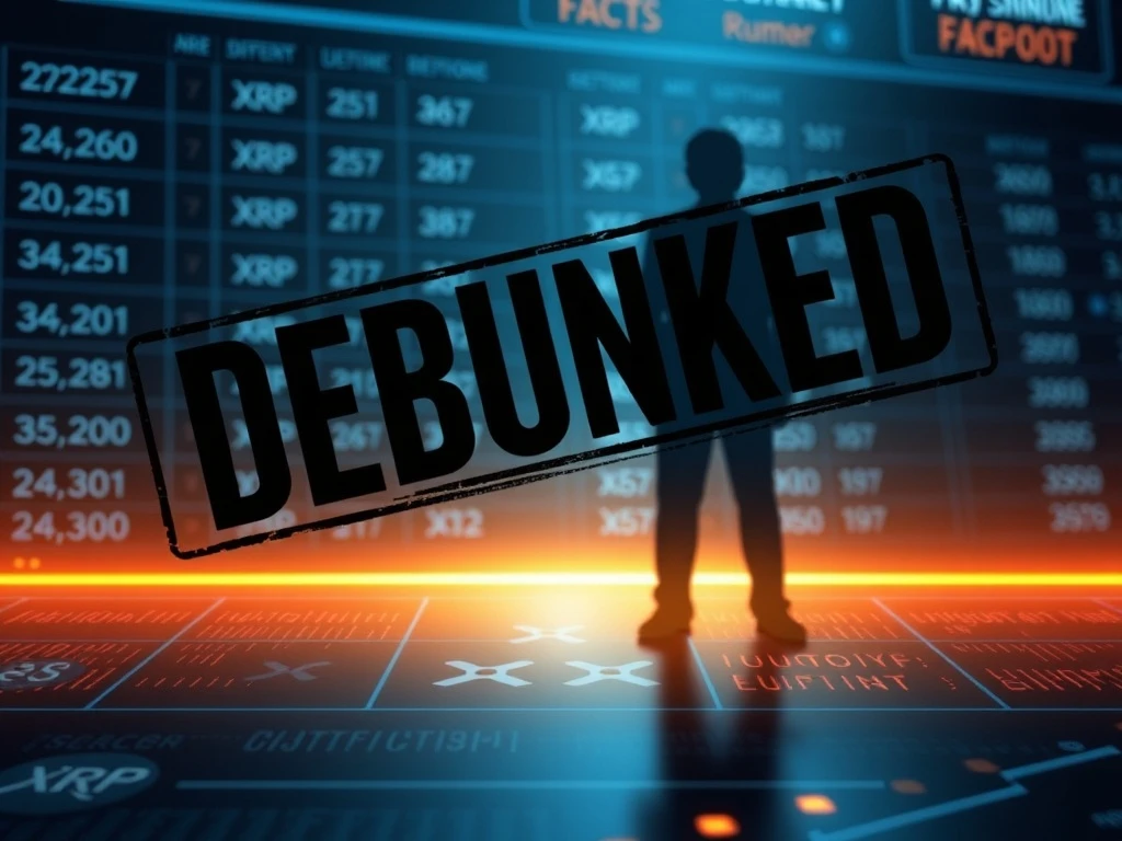 A red 'Debunked' stamp over a blurred image of a celebrity and XRP symbols, emphasizing the false Sydney Sweeney XRP News Today rumor.