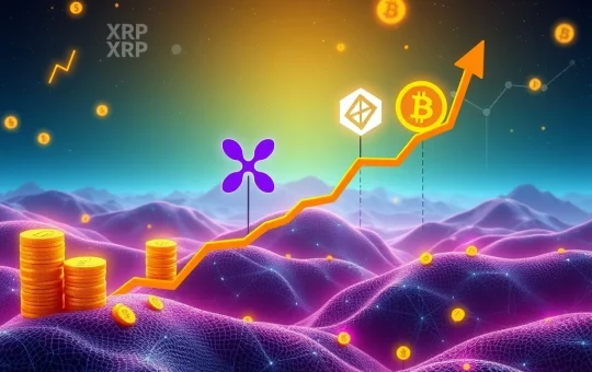 Charts showing BlockDAG's growth, XRP's potential, Pi Network's user adoption, and SUI's price surge, illustrating crypto investor optimism.