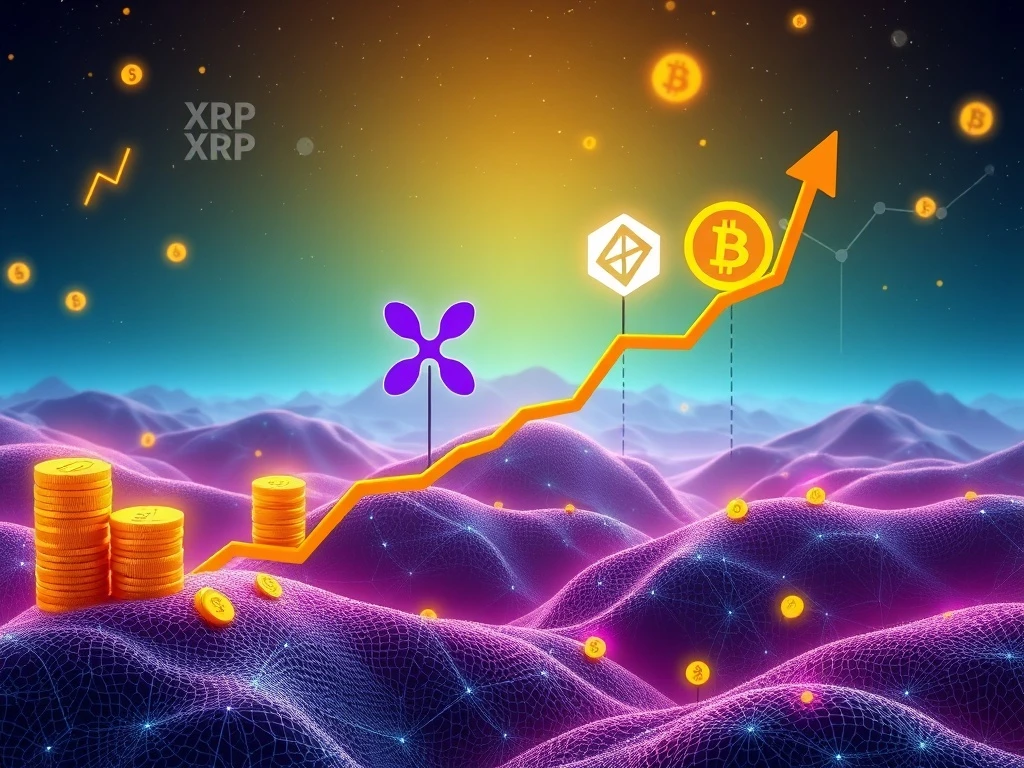 Charts showing BlockDAG's growth, XRP's potential, Pi Network's user adoption, and SUI's price surge, illustrating crypto investor optimism.