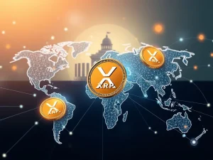 XRP News: Digital coins flowing through a global network, symbolizing XRP's role in efficient cross-border payments, with a treasury building in the background.