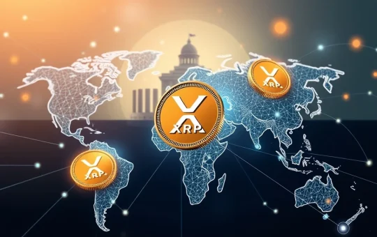 XRP News: Digital coins flowing through a global network, symbolizing XRP's role in efficient cross-border payments, with a treasury building in the background.