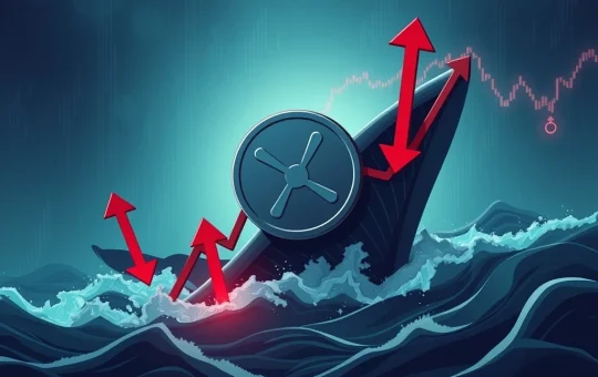 Visualizing the sharp XRP price drop with a downward trendline and indicators of market uncertainty, highlighting critical market scrutiny.