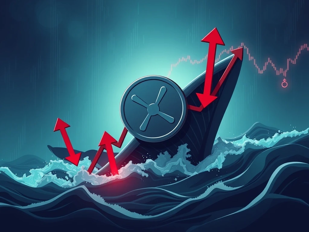 Visualizing the sharp XRP price drop with a downward trendline and indicators of market uncertainty, highlighting critical market scrutiny.