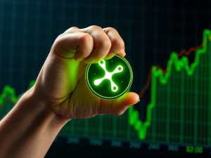 A resilient hand firmly holding a digital XRP coin, symbolizing XRP holders' defiance against price dips and strong XRP support.
