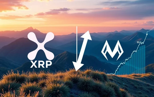 A chart depicting XRP price volatility, with a fork towards $5 and $2, alongside a surging graph representing Mutuum Finance presale success, illustrating the XRP price prediction debate.