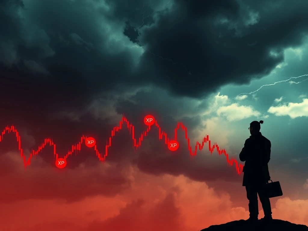 A dramatic downward trend on a cryptocurrency chart with XRP symbols, representing the XRP price drop caused by a Ripple co-founder's large sale, highlighting market instability.