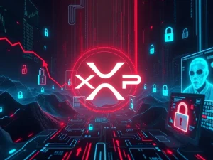 A digital representation of the XRP logo with warning signs and a lock icon, symbolizing the need for crypto security against Ripple deepfake scams.