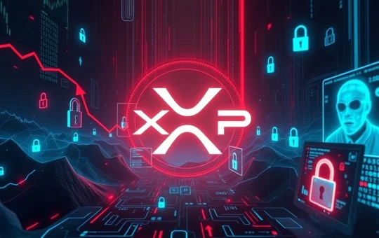 A digital representation of the XRP logo with warning signs and a lock icon, symbolizing the need for crypto security against Ripple deepfake scams.