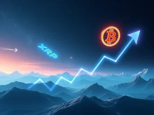 XRP price charts and Bitcoin symbol rising, depicting potential market surge and future gains for the crypto market.