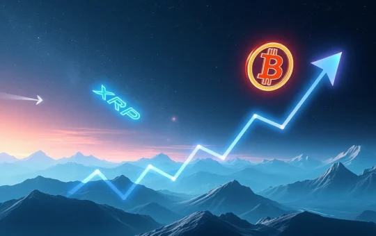XRP price charts and Bitcoin symbol rising, depicting potential market surge and future gains for the crypto market.