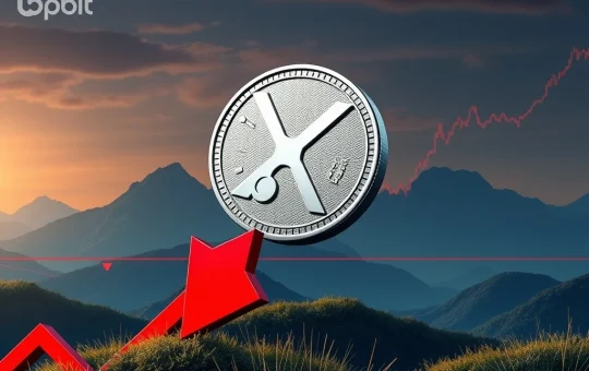 A red downward arrow piercing an XRP price chart, symbolizing the sudden drop due to the Upbit sell-off and the struggle to maintain $3 support.