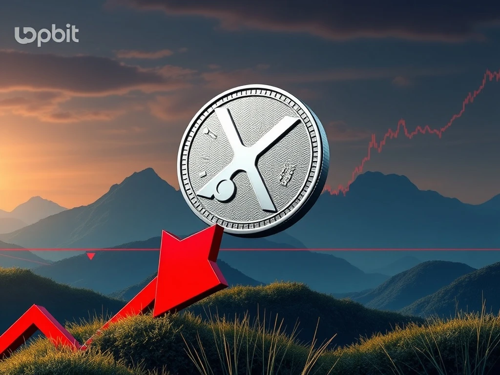 A red downward arrow piercing an XRP price chart, symbolizing the sudden drop due to the Upbit sell-off and the struggle to maintain $3 support.