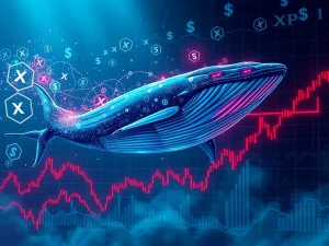 A digital whale making a high-risk XRP leveraged trade, symbolizing market volatility and potential liquidation for the XRP Price.