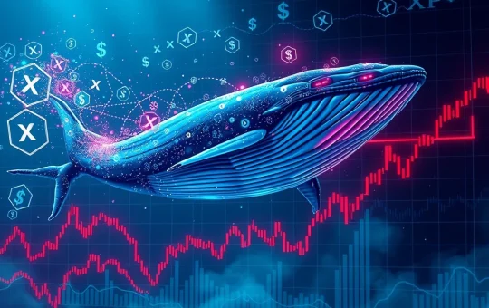 A digital whale making a high-risk XRP leveraged trade, symbolizing market volatility and potential liquidation for the XRP Price.