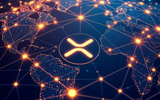 XRP logo at the core of a dynamic global infrastructure, symbolizing Ripple's patent revolutionizing cross-border payments.