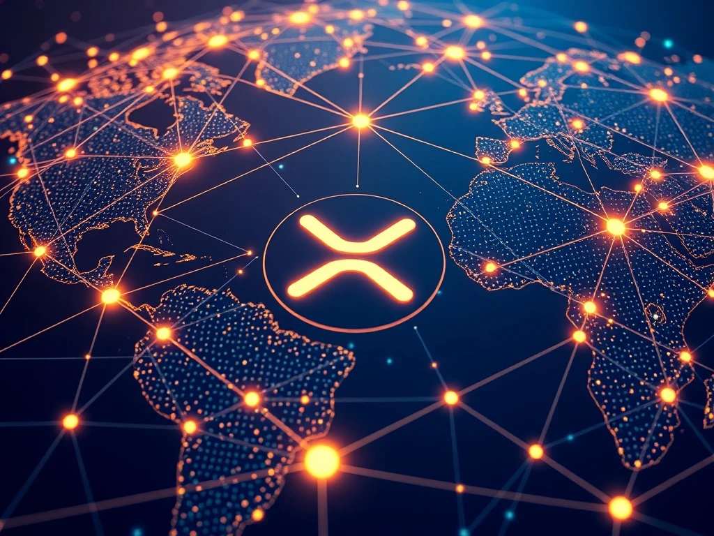 XRP logo at the core of a dynamic global infrastructure, symbolizing Ripple's patent revolutionizing cross-border payments.