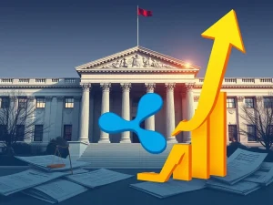 Depiction of XRP and SEC logos amidst legal documents, symbolizing the ongoing Ripple lawsuit and its market impact.