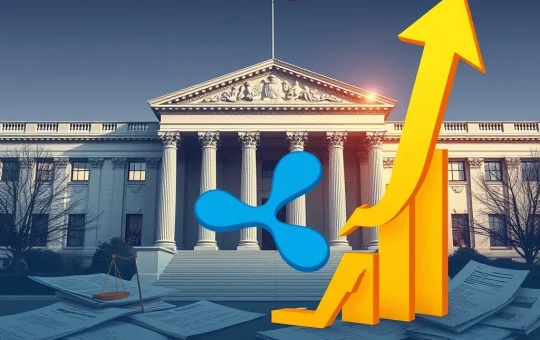Depiction of XRP and SEC logos amidst legal documents, symbolizing the ongoing Ripple lawsuit and its market impact.