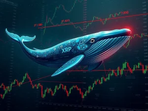 An XRP whale's bold leveraged trading position on a crypto chart, illustrating the high risk of liquidation.