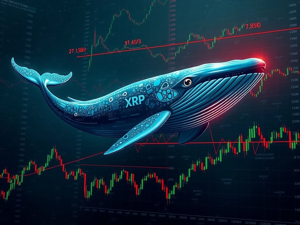 An XRP whale's bold leveraged trading position on a crypto chart, illustrating the high risk of liquidation.