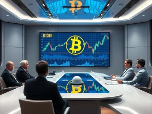 Institutional investors discussing Bitcoin reserve strategy in a corporate boardroom