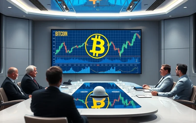 Institutional investors discussing Bitcoin reserve strategy in a corporate boardroom