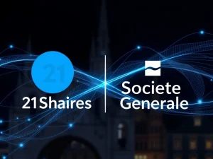 A visual representation of 21Shares and Societe Generale logos intertwining, symbolizing enhanced crypto ETP liquidity and institutional collaboration.