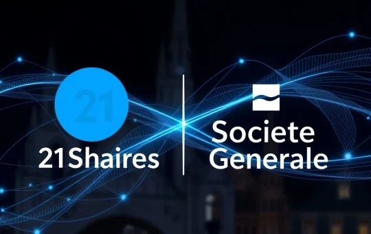 A visual representation of 21Shares and Societe Generale logos intertwining, symbolizing enhanced crypto ETP liquidity and institutional collaboration.