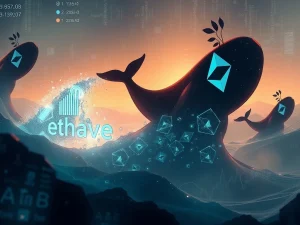 Digital representation of a whale pulling Ethereum from Aave, symbolizing the $1.7 billion withdrawal and the resulting Aave liquidity crisis.