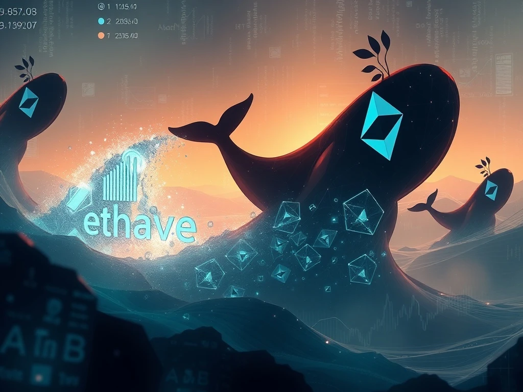Digital representation of a whale pulling Ethereum from Aave, symbolizing the $1.7 billion withdrawal and the resulting Aave liquidity crisis.