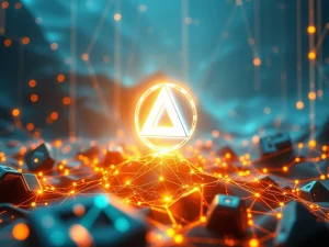 ADA token symbol glowing in a futuristic blockchain landscape, representing potential gains.