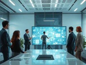 Professionals collaborating with advanced AI interfaces, symbolizing the critical need for human oversight in Agentic AI systems within an enterprise setting.