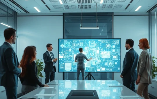 Professionals collaborating with advanced AI interfaces, symbolizing the critical need for human oversight in Agentic AI systems within an enterprise setting.