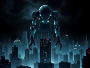 AGI development power consolidation depicted by a dominant AI overshadowing society