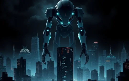 AGI development power consolidation depicted by a dominant AI overshadowing society