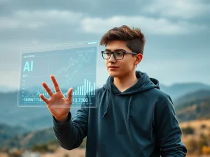 A young Gen Z trader confidently uses AI crypto trading bots to navigate volatile markets, symbolizing the transformative impact of AI on cryptocurrency market growth.